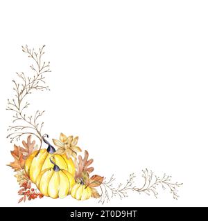 Herbstrahmen Kürbis und Herbstblätter. Aquarellabbildung isoliert auf weißem Hintergrund Stockfoto
