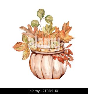 Aquarellstrauß in Vase aus Blättern und Heidelbeeren. Handbemalt. Isoliert auf weißem Hintergrund. Blumendruck-wilde Illustration für Design, Druck, f Stockfoto