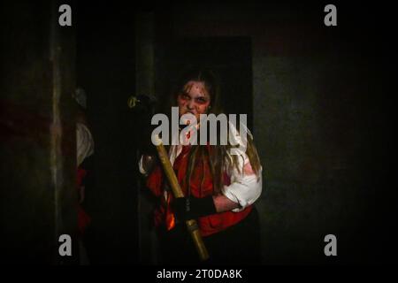 Staines, Großbritannien. Oktober 2023. VIP- und Pressestart für Thorpe Park Fright Nights Scare Event. Autor: Thomas Faull/Alamy Live News Stockfoto