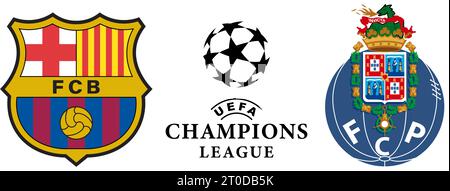 Vinnitsia, Ukraine - 4. September 2023. Liga der Champions. Barcelona gegen Porto. Stock Vektor