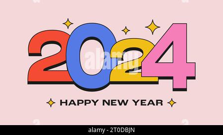 Farbenfrohe Illustration im groovigen Retro-Stil. 2024 modernes Design. Minimalistisches Poster. Vektorabbildung Stock Vektor