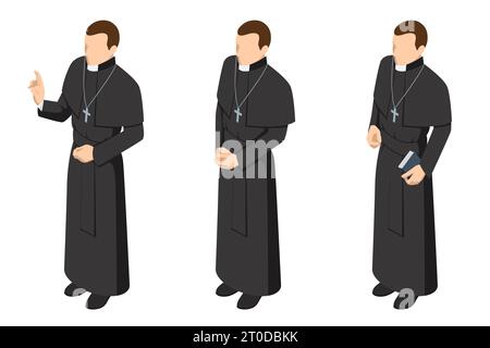 Isometrischer katholischer Priester im Gewand isoliert auf weißem Hintergrund. Pastor, Ordensleute Stock Vektor