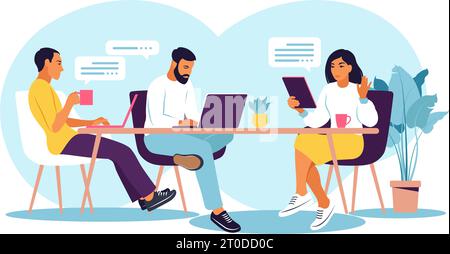 Geschäftsleute arbeiten zusammen. Gemeinschaftsraum mit kreativen oder Geschäftsleuten, die am Tisch sitzen. Flache, moderne Vektordarstellung. Stock Vektor