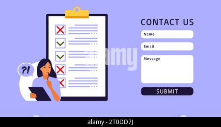 Kontaktformular. Umfrage zur Kundenzufriedenheit. Ein Stück Papier mit Zecken und Kreuzen. Vektorabbildung. Flach. Stock Vektor