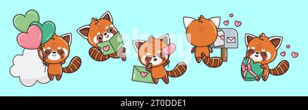 Set mit Kawaii Red Panda Illustrationen. Sammlung von niedlichen Vektor-isolierten Tierillustrationen. Stock Vektor