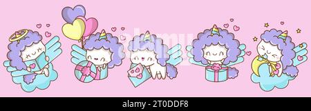Satz von Kawaii Unicorn Illustrationen. Sammlung von niedlichen Vektor isolierten Pferd Illustrationen. Stock Vektor