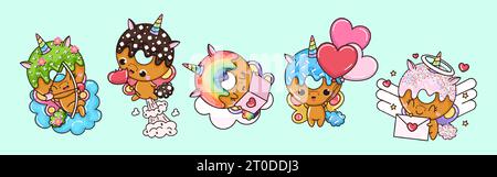 Sammlung von Vector Donut Unicorn Art. Set mit isolierter Tierclipart-Illustration. Stock Vektor