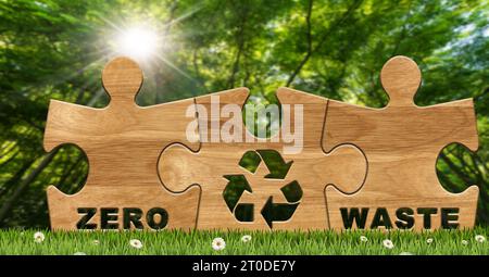 Puzzleteile aus Holz mit Text, Zero Waste und einem Recycling-Symbol. Auf einer grünen Wiese und einem grünen Wald im Hintergrund. Konzept nachhaltiger Ressourcen. Stockfoto