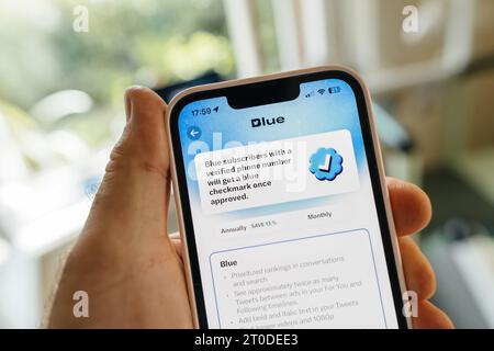 Hamburg, Deutschland - 24. Juli 2023: Blaue Abonnenten mit einer verifizierten Nummer erhalten ein Häkchen über die X Twitter App auf einem iPhone Stockfoto