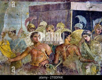 Achilles’ Kapitulation Briseis an Agamemnon (Troja) aus dem Haus des tragischen Dichters Fresco Pompeji liegt in der Nähe von Neapel in der Region Kampanien. Pompeji wurde bei der Eruption des Vesuvs 79 n. Chr. unter 4-6 m vulkanischer Asche und Bimsstein begraben. Italien Achilles ist gezwungen, Briseis, den Gefangenen, in den er sich verliebt hatte, an Agamemnon abzugeben, nachdem Agamemnon Chryseis an ihren Vater, Chryses, den Priester von Apollon, zurückgeben musste. Haus des tragischen Dichters. Stockfoto