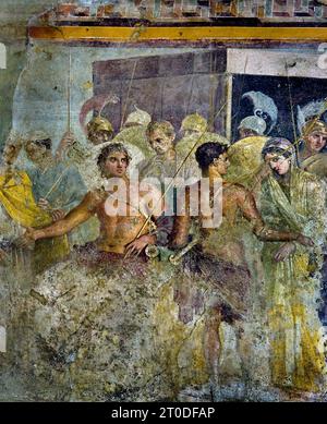 Achilles’ Kapitulation Briseis an Agamemnon (Troja) aus dem Haus des tragischen Dichters Fresco Pompeji liegt in der Nähe von Neapel in der Region Kampanien. Pompeji wurde bei der Eruption des Vesuvs 79 n. Chr. unter 4-6 m vulkanischer Asche und Bimsstein begraben. Italien Achilles ist gezwungen, Briseis, den Gefangenen, in den er sich verliebt hatte, an Agamemnon abzugeben, nachdem Agamemnon Chryseis an ihren Vater, Chryses, den Priester von Apollon, zurückgeben musste. Haus des tragischen Dichters. Stockfoto