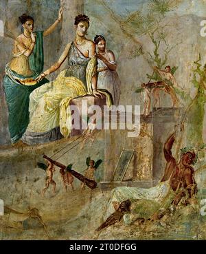 Die römische Stadt Herakle und Omphale Fresco Pompeji befindet sich in der Nähe von Neapel in der Region Kampanien. Pompeji wurde bei der Eruption des Vesuvs 79 n. Chr. unter 4-6 m vulkanischer Asche und Bimsstein begraben. Italien Stockfoto