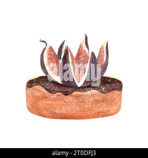 Handgezeichnete Aquarellillustration. Ein Kuchen mit Feigensirup und frischen Feigenscheiben. Stockfoto