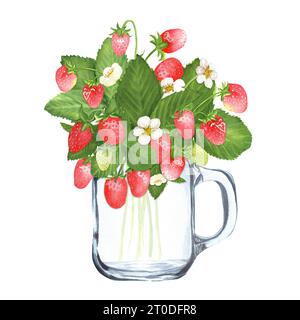Handgezeichnete Aquarellillustration. Glasbecher mit frischen, Reifen Erdbeeren im Bouquet Stockfoto
