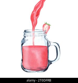 Handgezeichnete Aquarellillustration. Glasbecher mit Erdbeersaft, frischen Erdbeeren und Saft darin Stockfoto