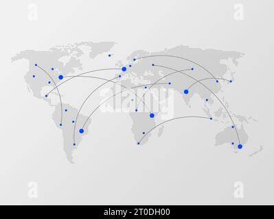 Gepunktete graue Halbton-Weltkarte mit kurvigen Linien oder Flugwegen, die blaue Punkte als Städte verbinden. Konzeptdarstellung der globalen Kommunikation und tr Stockfoto
