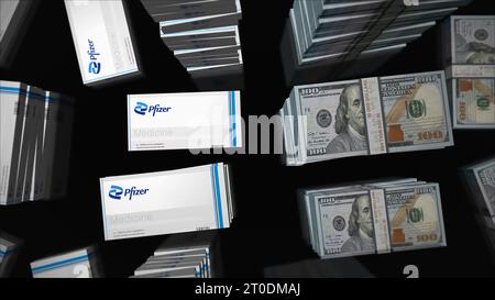 Pfizer Tablets Box und US Dollar Geld Bundle Stapel. Herstellung von Pillen. Abstraktes Konzept 3D-Illustration. Stockfoto