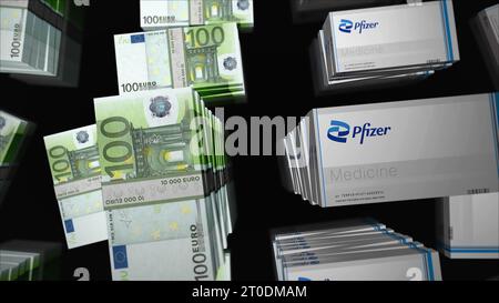 Pfizer Tablettenbox und Euro Money Bundle Stacks. Herstellung von Pillen. Abstraktes Konzept 3D-Illustration. Stockfoto