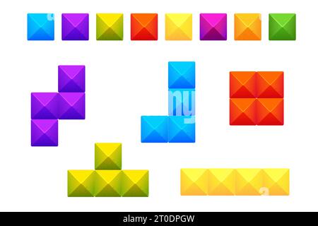 Tetris Bricks Set, farbenfrohe Blöcke klasisches Logikspiel im Cartoon-Stil isoliert auf weißem Hintergrund. Kreative, detaillierte Formen. Vektorabbildung Stock Vektor