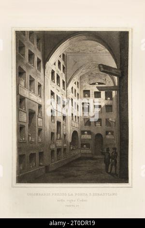 P. Cacchiatelli - G. Gleter, Wissenschaft und Kunst unter dem Pontifikat von Pius IX., veröffentlicht 1860 in Rom von der Tipografia delle Belle Arti, Via Poli, 91. Im Inneren befinden sich Radierungen, die die öffentlichen Werke darstellen, die während des Pontifikats von Pius IX. Entstanden sind Stockfoto