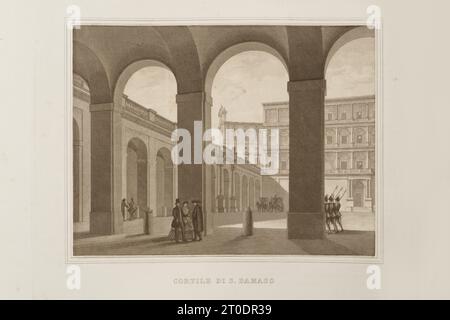 P. Cacchiatelli - G. Gleter, Wissenschaft und Kunst unter dem Pontifikat von Pius IX., veröffentlicht 1860 in Rom von der Tipografia delle Belle Arti, Via Poli, 91. Im Inneren befinden sich Radierungen, die die öffentlichen Werke darstellen, die während des Pontifikats von Pius IX. Entstanden sind Stockfoto