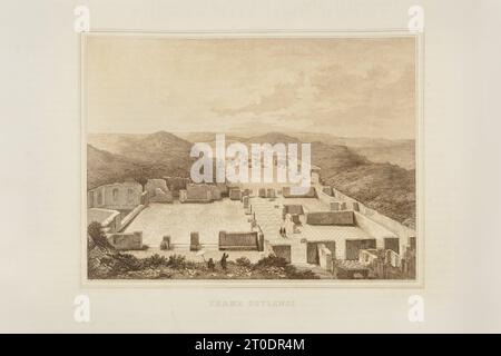 P. Cacchiatelli - G. Gleter, Wissenschaft und Kunst unter dem Pontifikat von Pius IX., veröffentlicht 1860 in Rom von der Tipografia delle Belle Arti, Via Poli, 91. Im Inneren befinden sich Radierungen, die die öffentlichen Werke darstellen, die während des Pontifikats von Pius IX. Entstanden sind Stockfoto