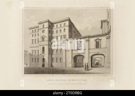 P. Cacchiatelli - G. Gleter, Wissenschaft und Kunst unter dem Pontifikat von Pius IX., veröffentlicht 1860 in Rom von der Tipografia delle Belle Arti, Via Poli, 91. Im Inneren befinden sich Radierungen, die die öffentlichen Werke darstellen, die während des Pontifikats von Pius IX. Entstanden sind Stockfoto