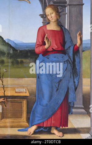 Fano (Italien, Marken. Provinz Pesaro-Urbino). Kirche Santa Maria Nuova, Pietro Vannucci bekannt als Il Perugino, Verkündigung, Öl auf Platte, 1488-89 Stockfoto