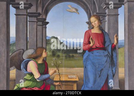 Fano (Italien, Marken. Provinz Pesaro-Urbino). Kirche Santa Maria Nuova, Pietro Vannucci bekannt als Il Perugino, Verkündigung, Öl auf Platte, 1488-89 Stockfoto