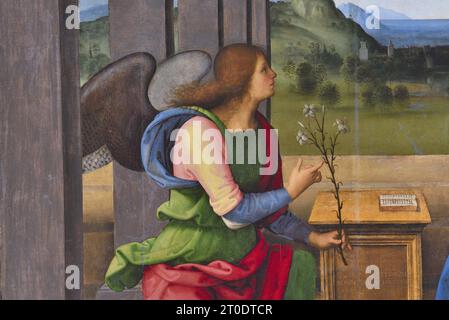 Fano (Italien, Marken. Provinz Pesaro-Urbino). Kirche Santa Maria Nuova, Pietro Vannucci bekannt als Il Perugino, Verkündigung, Öl auf Platte, 1488-89 Stockfoto
