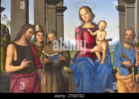 Fano (Italien, Marken. Provinz Pesaro-Urbino). Kirche Santa Maria Nuova, Pietro Vannucci bekannt als Il Perugino, Fano Altar (Jungfrau und Kind mit den Heiligen Johannes dem Täufer, Ludwig von Toulouse, Franz von Assisi, Peter und Maria Magdalena), Öl auf Platte, 1488-89 Stockfoto
