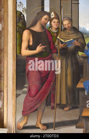 Fano (Italien, Marken. Provinz Pesaro-Urbino). Kirche Santa Maria Nuova, Pietro Vannucci bekannt als Il Perugino, Fano Altar (Jungfrau und Kind mit den Heiligen Johannes dem Täufer, Ludwig von Toulouse, Franz von Assisi, Peter und Maria Magdalena), Öl auf Platte, 1488-89 Stockfoto