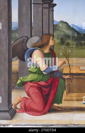 Fano (Italien, Marken. Provinz Pesaro-Urbino). Kirche Santa Maria Nuova, Pietro Vannucci bekannt als Il Perugino, Verkündigung, Öl auf Platte, 1488-89 Stockfoto