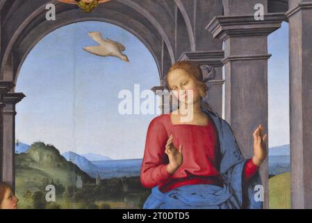 Fano (Italien, Marken. Provinz Pesaro-Urbino). Kirche Santa Maria Nuova, Pietro Vannucci bekannt als Il Perugino, Verkündigung, Öl auf Platte, 1488-89 Stockfoto