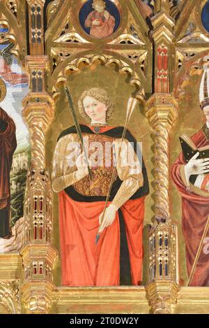 Belforte del Chienti (Italien, Marken - Provinz Macerata), Kirche Sant'Eustachio. Giovanni Boccati, Polyptychon, 15. Jahrhundert. (Detail rechts oben, San Sebastiano), 1468 Stockfoto