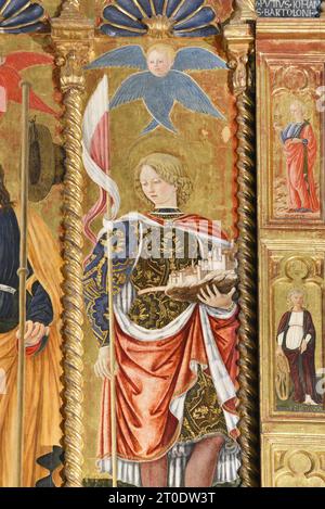 Belforte del Chienti (Italien, Marken - Provinz Macerata), Kirche Sant'Eustachio. Giovanni Boccati, Polyptychon, 15. Jahrhundert. (Rechtes Detail, San Venanzio), 1468 Stockfoto