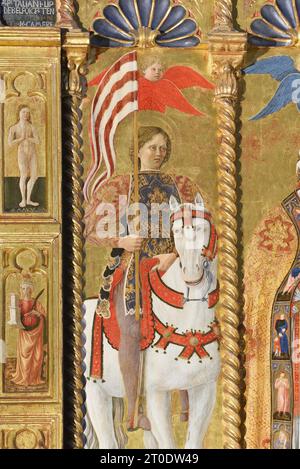 Belforte del Chienti (Italien, Marken - Provinz Macerata), Kirche Sant'Eustachio. Giovanni Boccati, Polyptychon, 15. Jahrhundert. (Detail links, Sant'Eustachio zu Pferd), 1468 Stockfoto