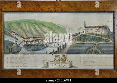 Piobbico (Italien, Marken - Provinz Pesaro-Urbino), Schloss Brancaleoni, Adelswohnung, Sala del Leon d'Oro. Aquarellstich, Blick auf Piobbico (Angeloni, 1808) Stockfoto