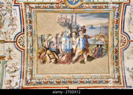 Piobbico (Italien, Marken - Provinz Pesaro-Urbino), Schloss Brancaleoni, Adelswohnung, Camera Greca, das Zimmer des Grafen Antonio II., Freskenzyklus mit Episoden aus der griechischen Mythologie und Stuckverzierungen aus Federico Brandanis Werkstatt. Helen von Troja und Paris Stockfoto