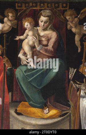 Potenza Picena (Italien, Marken - Provinz Macerata), Rathaus, Ratskammer. Simone de Magistris, Madonna thront mit Kind, zwischen den Heiligen Rocco und Martino. Aus der Kirche Santa Caterina, 1584, Öl auf Leinwand Stockfoto