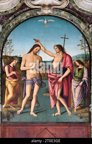 Città della Pieve (Italien, Umbrien, Provinz Perugia), Kathedrale der Heiligen Gervasio und Protasio. Perugino, Taufe Christi, auf Holz gemalt Stockfoto