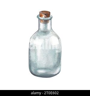 Alte Apothekenflasche mit Kork. Aquarell handgezeichnete Illustration einer Glasmedikamentflasche. Clipart auf weißem Hintergrund zum Thema Alchemie und Stockfoto