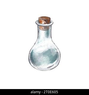 Alter Alchemistenkolben mit Stopfen. Handgezeichnete Aquarellzeichnung eines Glaskolbens. Clipart auf weißem Hintergrund zum Thema Alchemie, Stockfoto