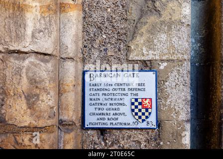 Lewes Castle Barbican Gate Gedenktafel zur Geschichte und Herkunft in Lewes, der historischen Kreisstadt East Sussex, Südosten Englands Stockfoto