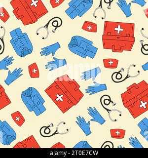 Nahtloses Muster mit dem Bild eines medizinischen Kleides, eines Schwesternhutes, eines Stethoskops und eines medizinischen Koffers auf gelbem Hintergrund Stock Vektor