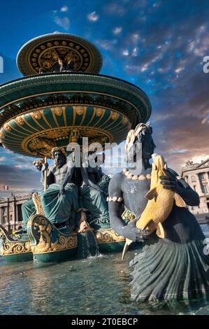 Paris 8e Arr. Brunnen des Meeres am Place de la Concorde. Ile de France. Frankreich Stockfoto