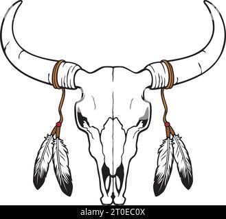 Einheimischer amerikanischer Stier- oder Kuhschädel mit Federn (Vektorgrafik) Stock Vektor