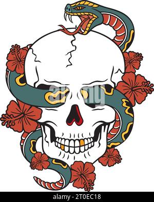 Skull Old School Tattoo mit Schlangen- und Hibiskusblütenfarbe. Vektorabbildung. Stock Vektor