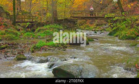 Wanderer am Bach am Bach, Müllerthal in Müllerthal, Waldbillig, Little Luxembourg Schweiz, Waldbillig, Benelux, Benelux-Länder, Little Luxembourg Schweiz, Kanton Echternach, Luxemburg, Lëtzebuerg Stockfoto