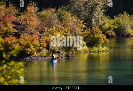 Die Ufer des Clear Lake in Oregon werden vom Sonnenlicht am späten Nachmittag getroffen. Herbstlaub leuchtet rot und gelb. Zwei Männer im Kanu, die auf dem sid schwimmen Stockfoto